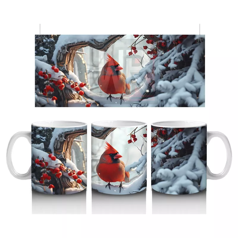 Karlı Dallar Üzerinde Kırmızı Kardinal Kuş – Baskılı Kahve Kupası