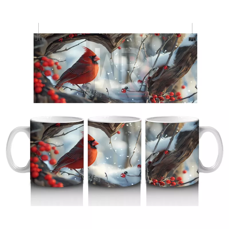 Karlı Dallarda Kardinal Kuş Çifti – Baskılı Kahve Kupası