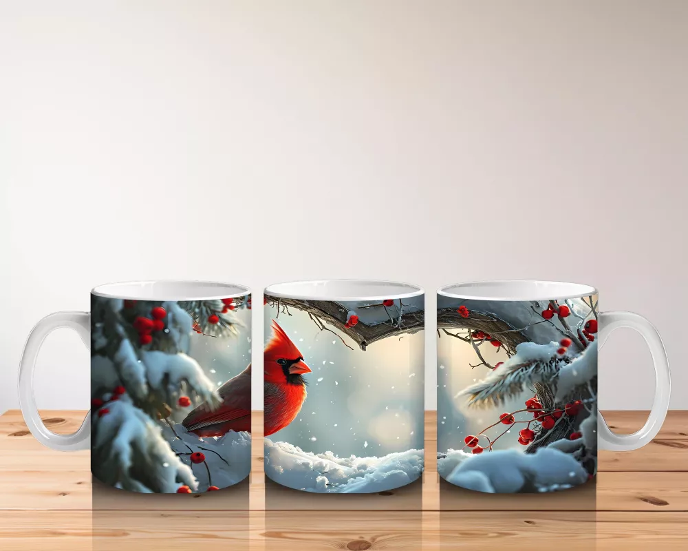 Karlı Dallarda Kırmızı Kardinal Kuşu – Baskılı Kupa Bardak - 5