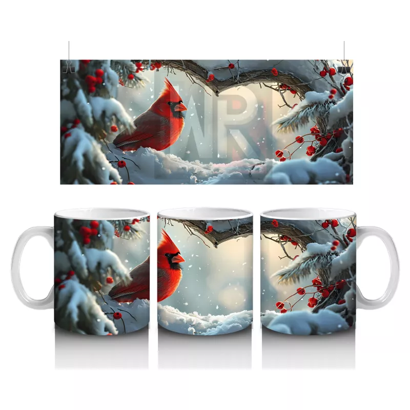 Karlı Dallarda Kırmızı Kardinal Kuşu – Baskılı Kupa Bardak