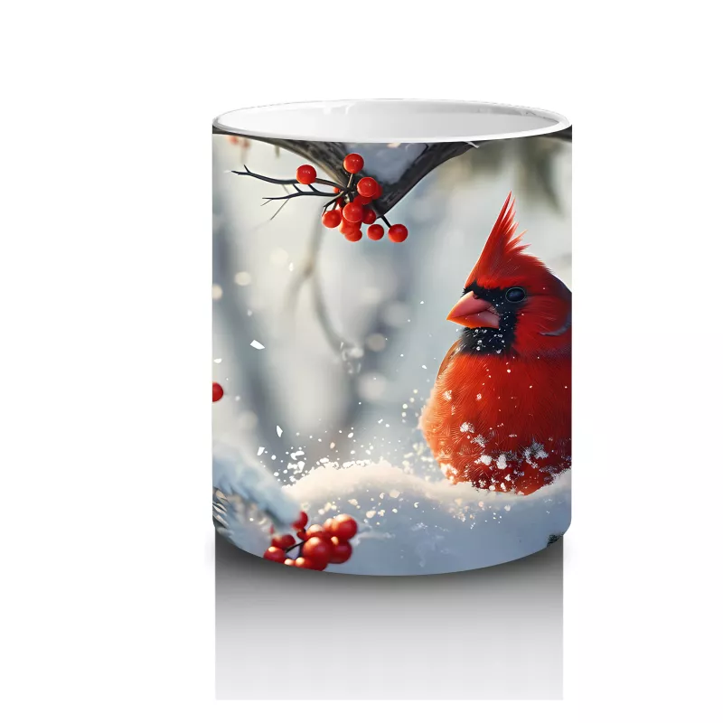 Karlı Dallarda Neşeli Kırmızı Kardinal – Baskılı Kupa Bardak - 3