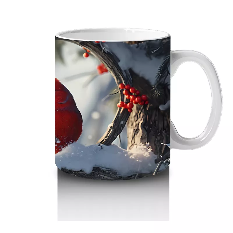 Karlı Dallarda Neşeli Kırmızı Kardinal – Baskılı Kupa Bardak - 4