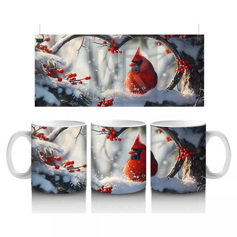 Karlı Dallarda Neşeli Kırmızı Kardinal – Baskılı Kupa Bardak