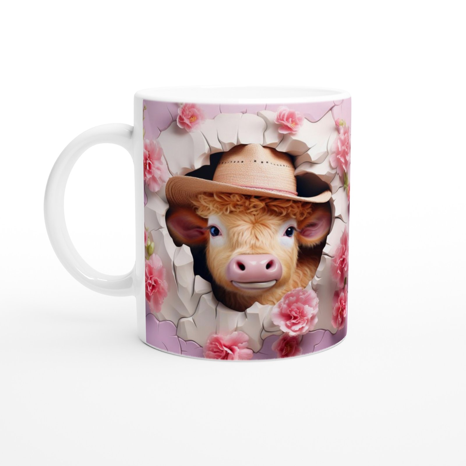 Kır Pembe Çiçekler Arasında Kovboy Şapkalı İnek Temalı Baskılı Kupa Bardak