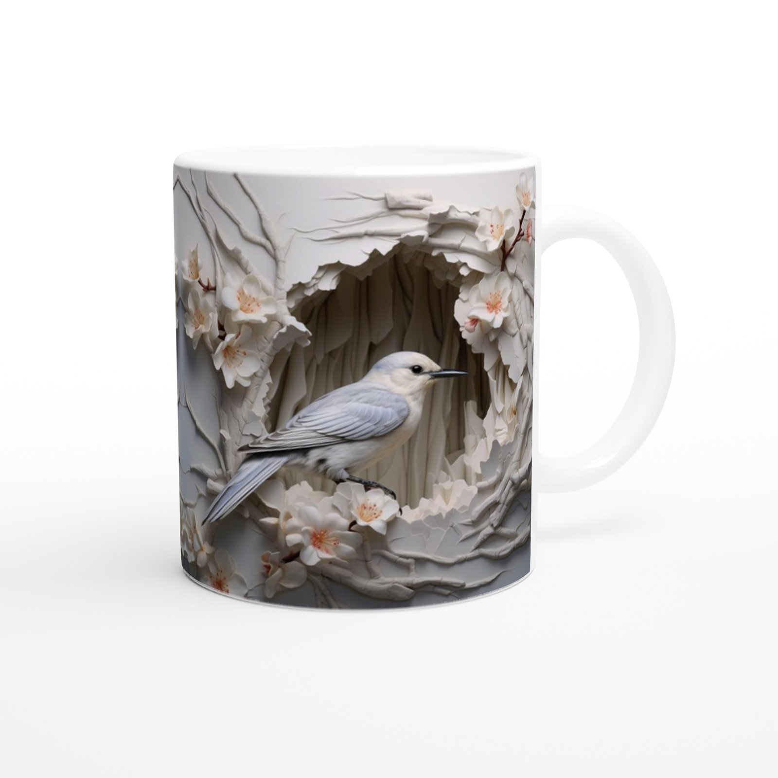 Kiraz Çiçekleri Arasında Duran Zarif Kuş Temalı Baskılı Kupa Bardak - 3