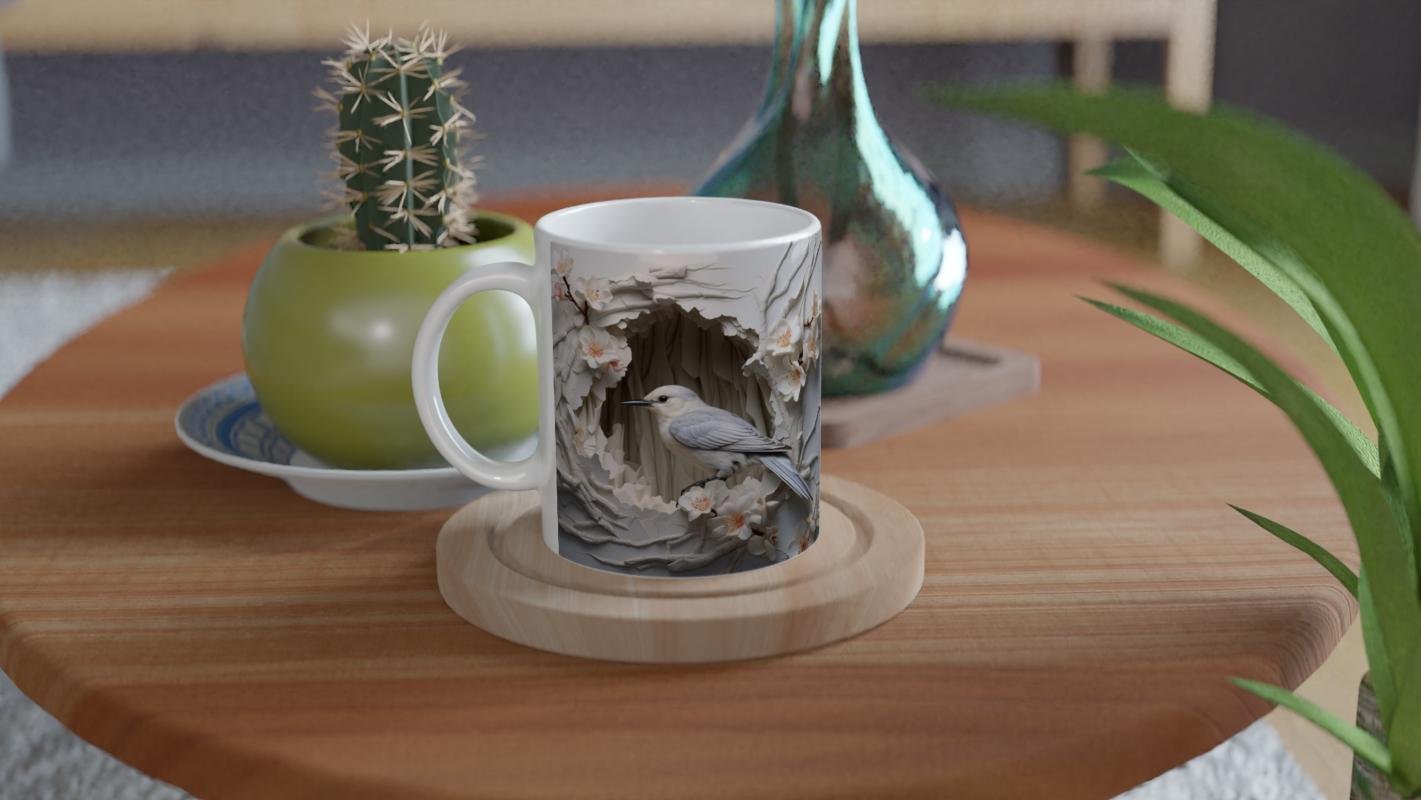Kiraz Çiçekleri Arasında Duran Zarif Kuş Temalı Baskılı Kupa Bardak - 4