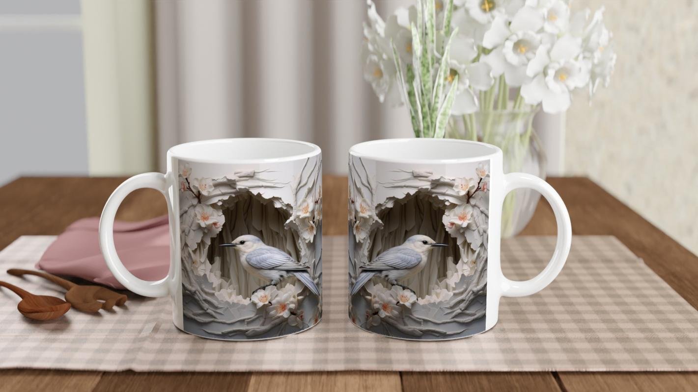 Kiraz Çiçekleri Arasında Duran Zarif Kuş Temalı Baskılı Kupa Bardak - 5