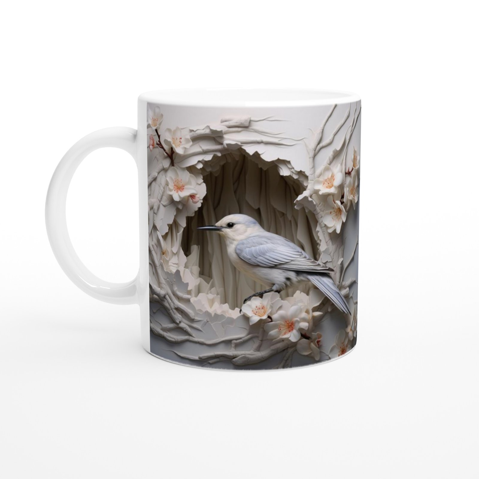 Kiraz Çiçekleri Arasında Duran Zarif Kuş Temalı Baskılı Kupa Bardak