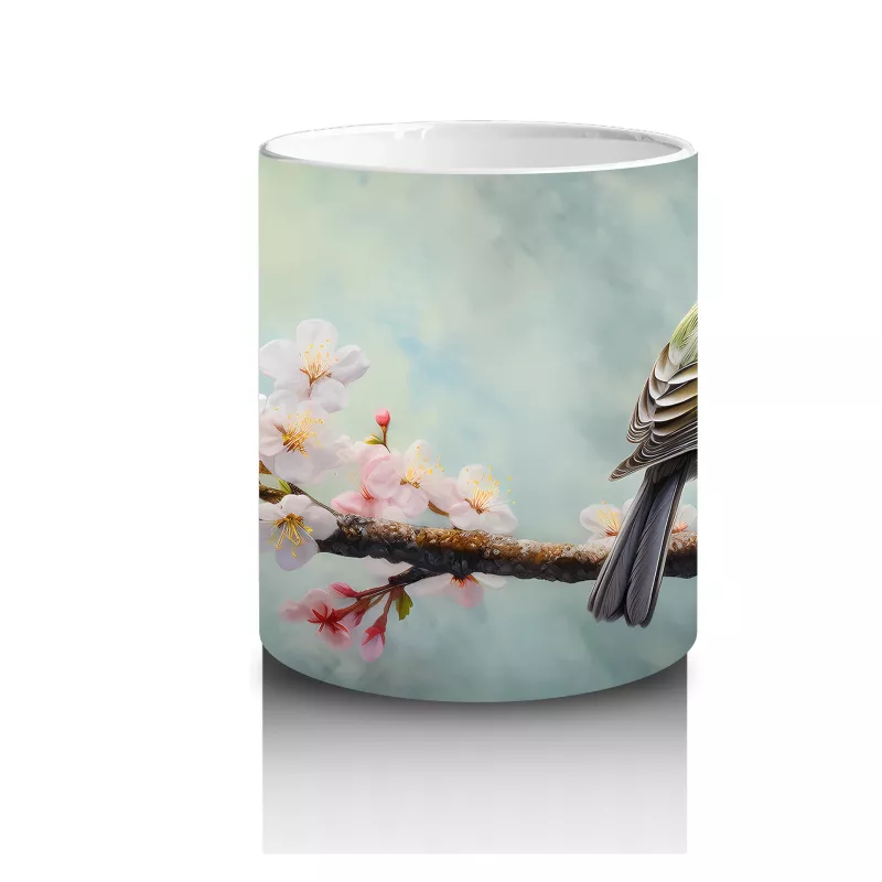 Kiraz Çiçekleri Arasında Kuş – Baskılı Kahve Kupası - 3