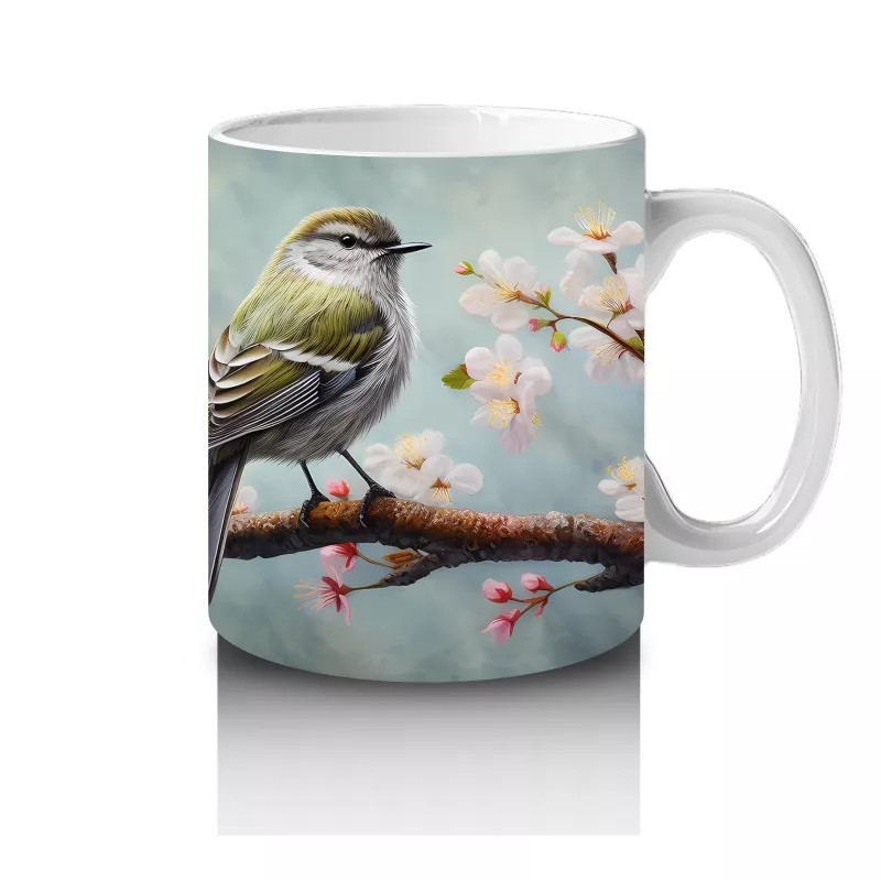 Kiraz Çiçekleri Arasında Kuş – Baskılı Kahve Kupası - 4