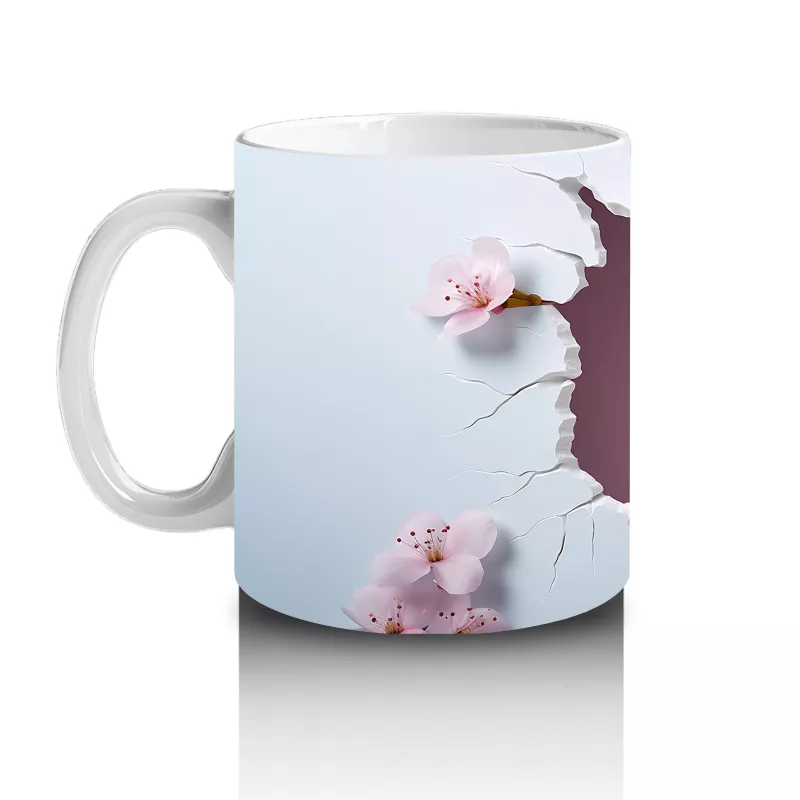 Kiraz Çiçekleri Arasında Neşeli Beyaz Yavru Köpek – Baskılı Kupa - 2