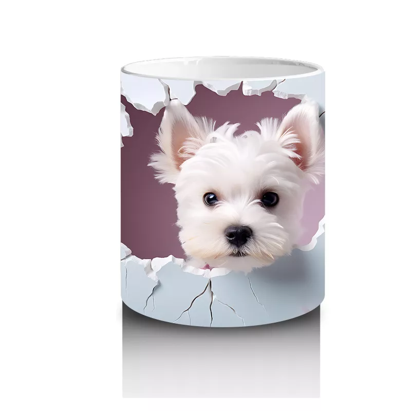 Kiraz Çiçekleri Arasında Neşeli Beyaz Yavru Köpek – Baskılı Kupa - 3