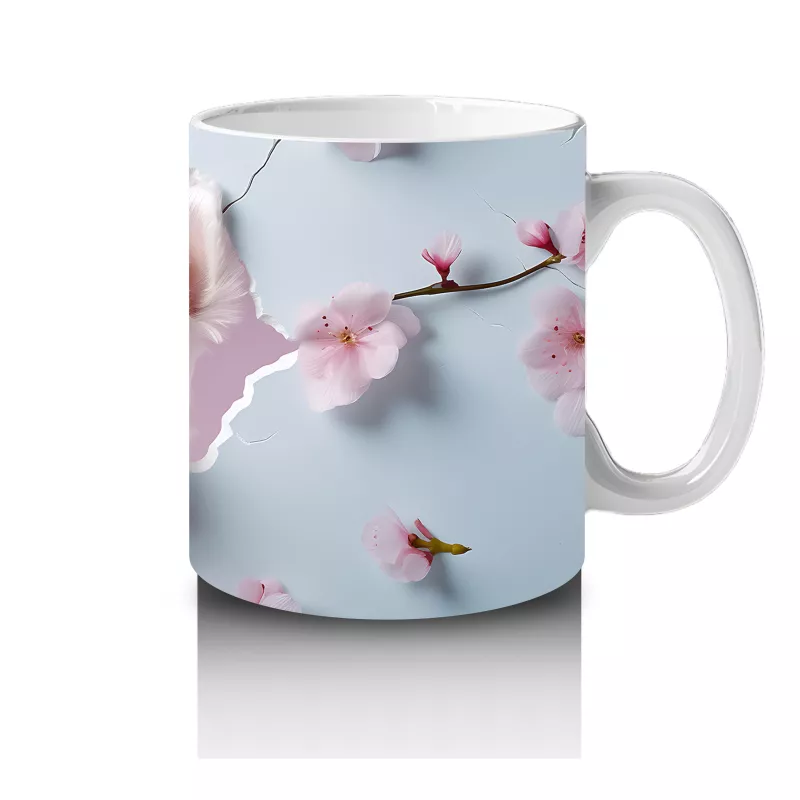 Kiraz Çiçekleri Arasında Neşeli Beyaz Yavru Köpek – Baskılı Kupa - 4