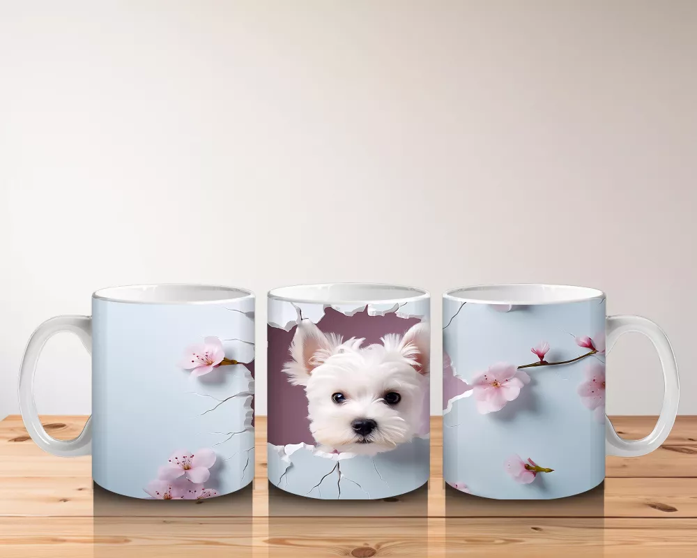 Kiraz Çiçekleri Arasında Neşeli Beyaz Yavru Köpek – Baskılı Kupa - 5