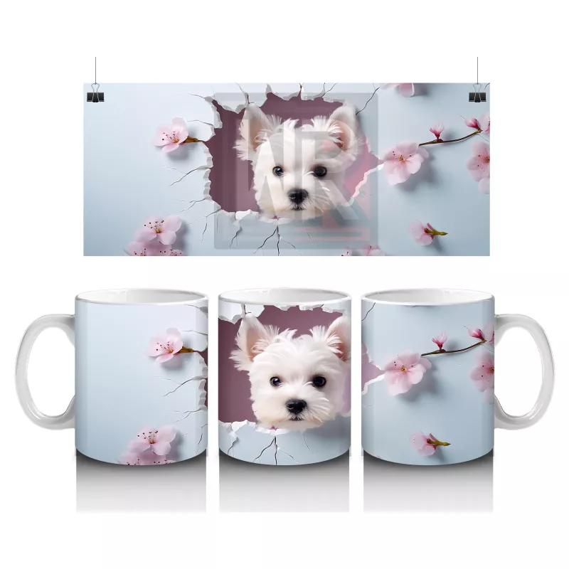 Kiraz Çiçekleri Arasında Neşeli Beyaz Yavru Köpek – Baskılı Kupa