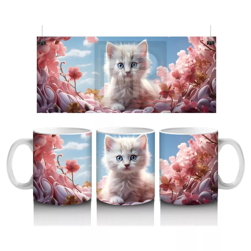 Kiraz Çiçekleri Arasında Oturan Mavi Gözlü Kedi – Baskılı Kahve Kupası
