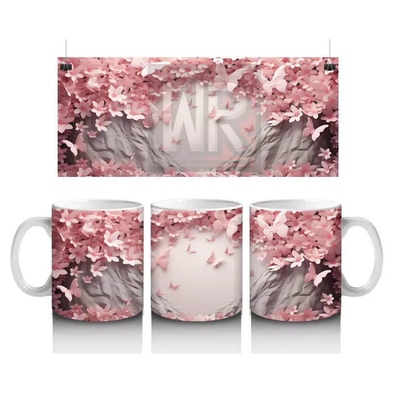 Kiraz Çiçekleriyle Çerçeveli Kelebkli Bahar Teması - Baskılı Kahve Kupası