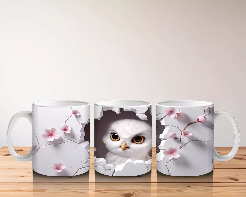 Kiraz Çiçekleriyle Çevrelenmiş Baykuş – Baskılı Kupa - 5