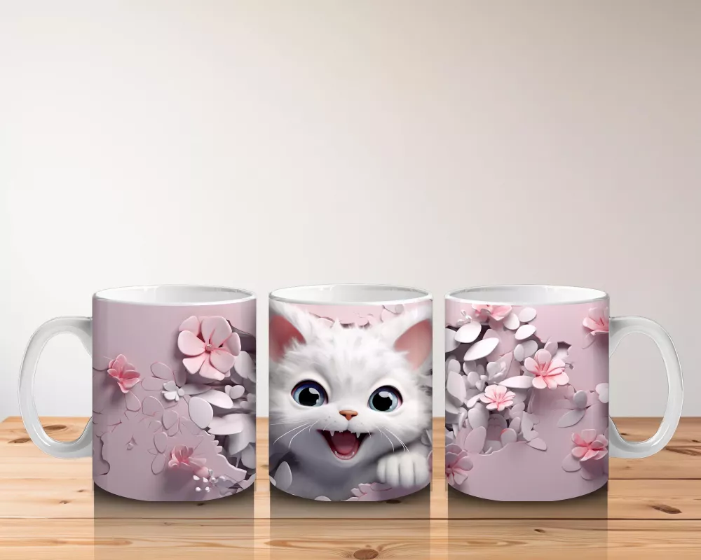 Kiraz Çiçekleriyle Poz Veren Sevimli Kedi – Baskılı Kupa - 5