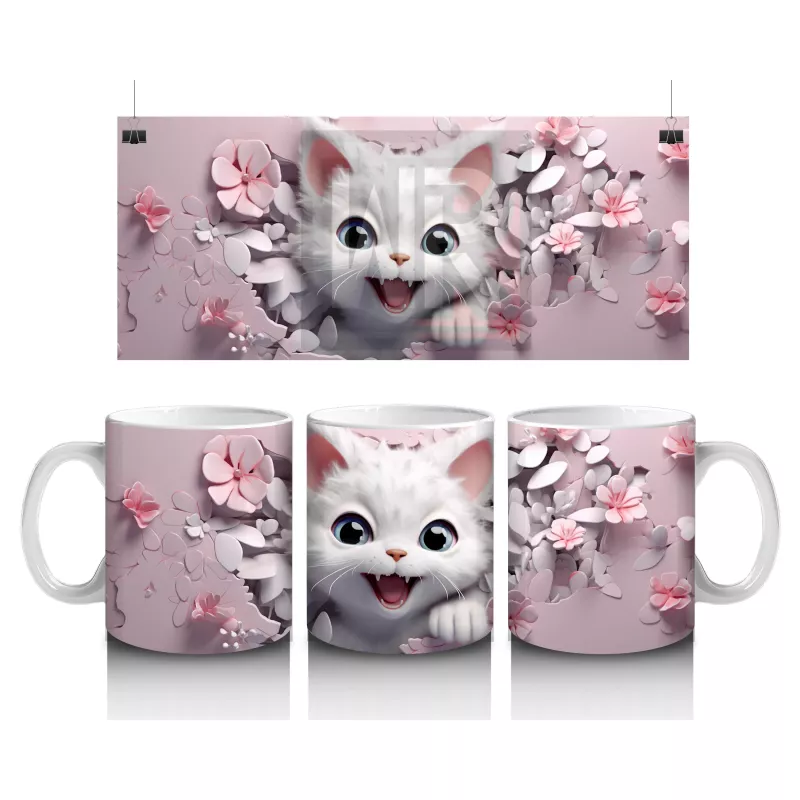 Kiraz Çiçekleriyle Poz Veren Sevimli Kedi – Baskılı Kupa