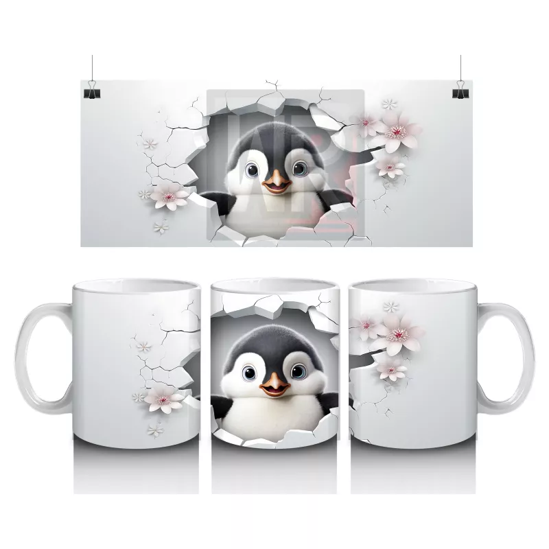 Kiraz Çiçekli Zemin Üzerine Penguen Figürü – Baskılı Kupa