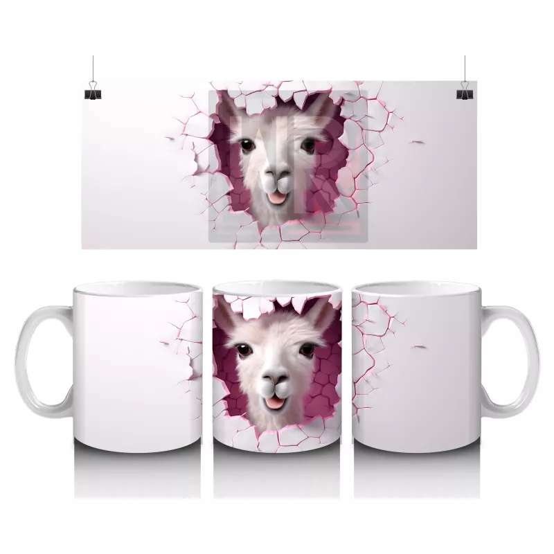 Kırık Duvar Arasında Bakan Sevimli Lama Yavrusu - Baskılı kahve kupası