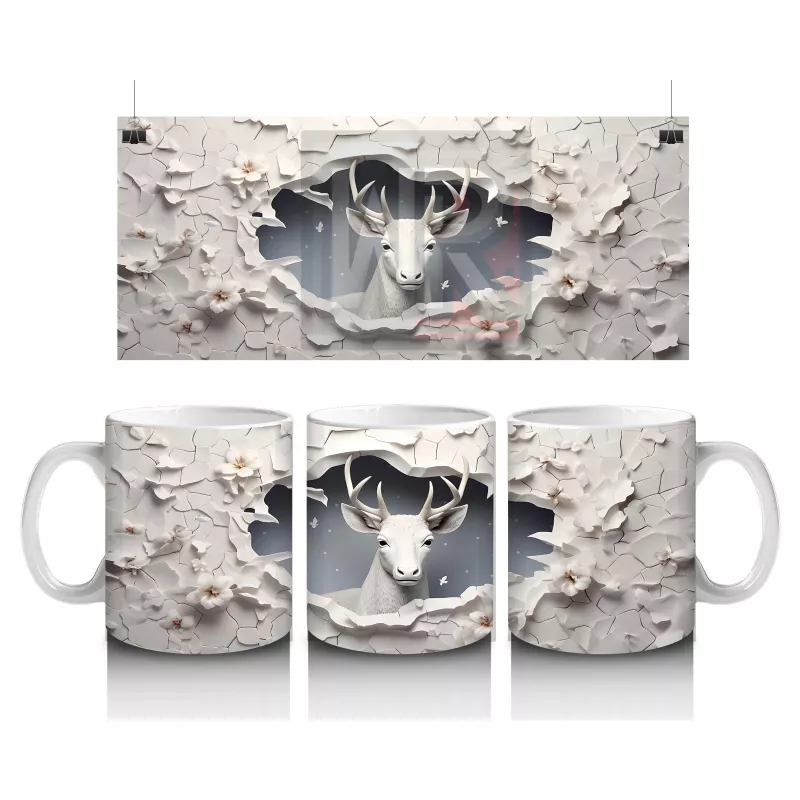 Kırık Duvar Arasında Minimal Stilde Beyaz Geyik Silueti - Baskılı kahve kupası