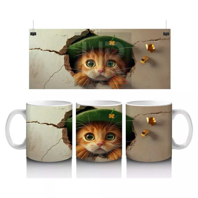 Kırık Duvar Arasında Şapkalı Yavru Kedi - Baskılı Kahve Kupası