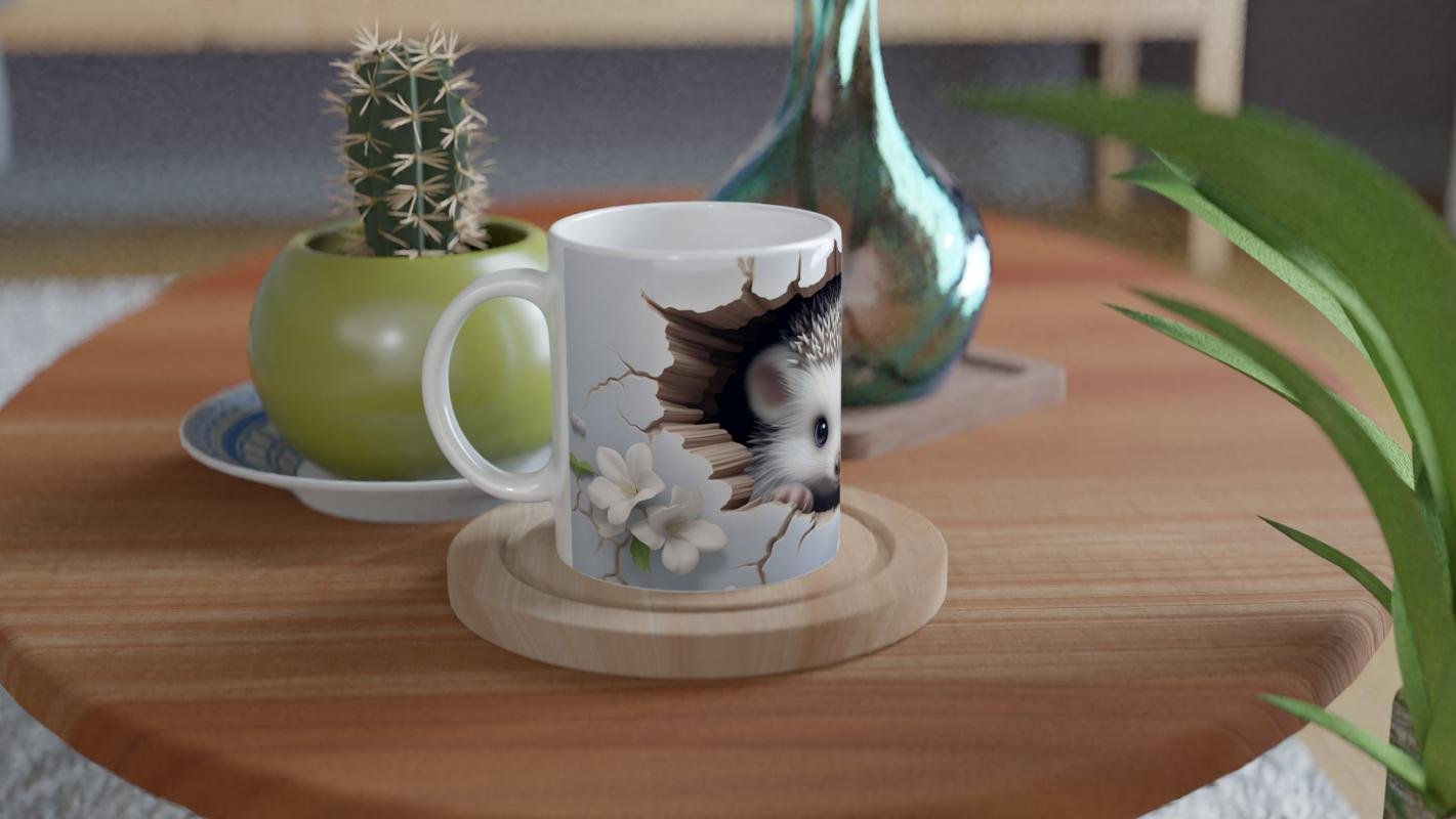 Kırık Duvar Arasından Bakan Kirpi Temalı Baskılı Kupa Bardak - 4