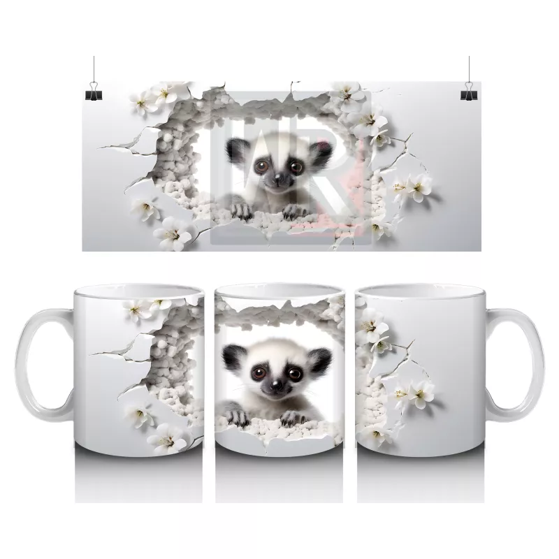Kırık Duvar Arasından Bakan Tatlı Lemur Tasarımı - Baskılı kahve kupası