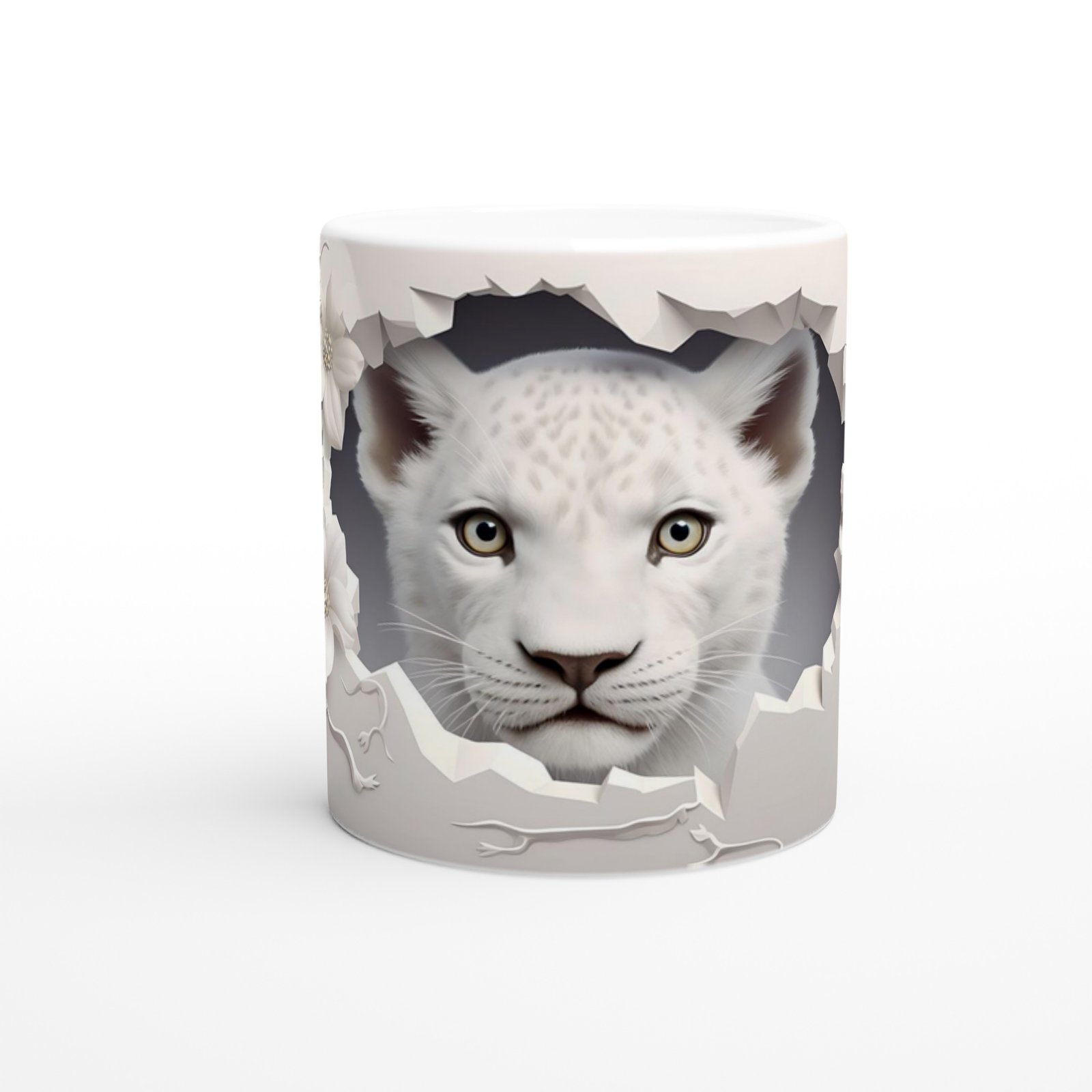 Kırık Duvar Ardındaki Beyaz Leopar Temalı Baskılı Kupa Bardak