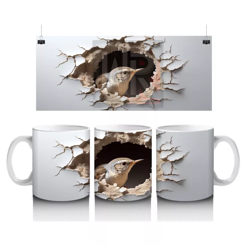Kırık Duvar Efektli Sevimli Serçe - Baskılı Kahve Kupası