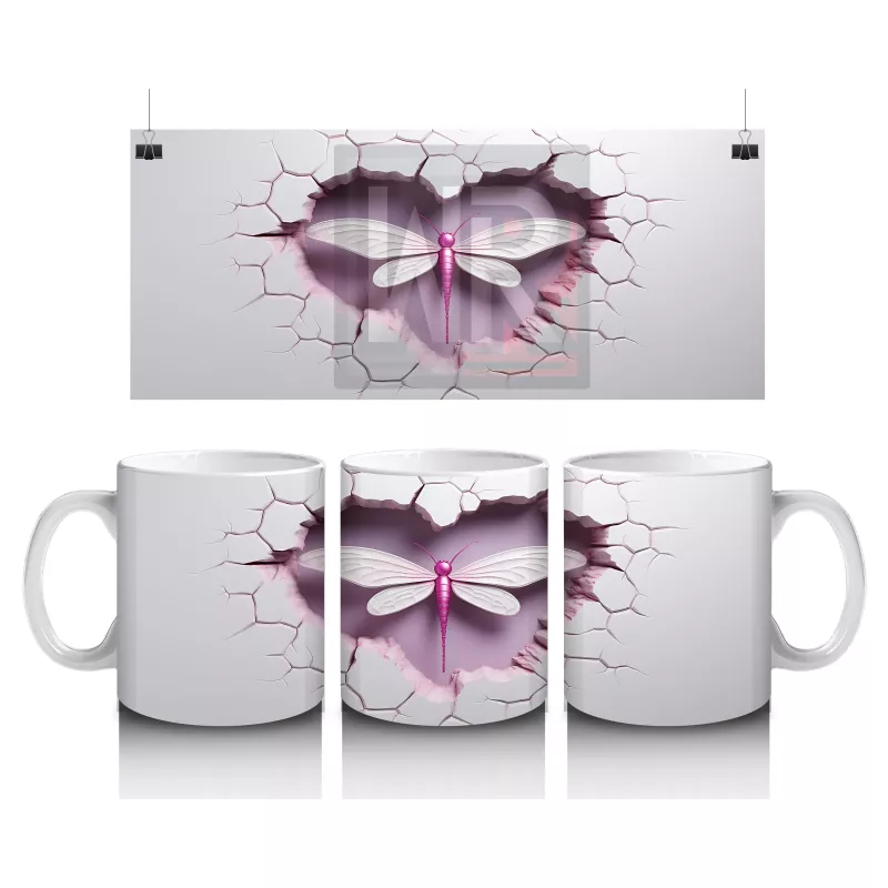 Kırık Duvar Ortasında Pembe Kanatlı Yusufçuk – Baskılı Kahve Kupası