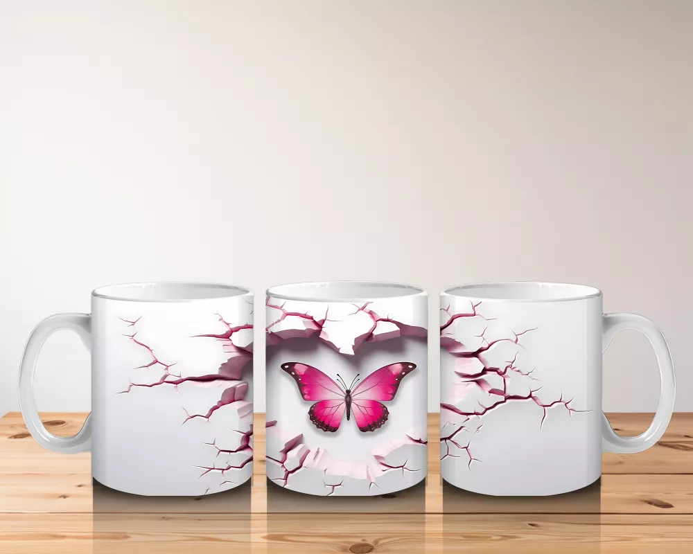 Kırık Kalpli Zeminden Yükselen Pembe Kelebek - Baskılı kahve kupası - 5