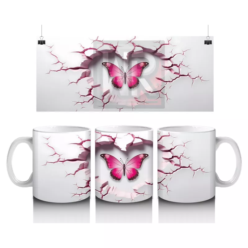 Kırık Kalpli Zeminden Yükselen Pembe Kelebek - Baskılı kahve kupası