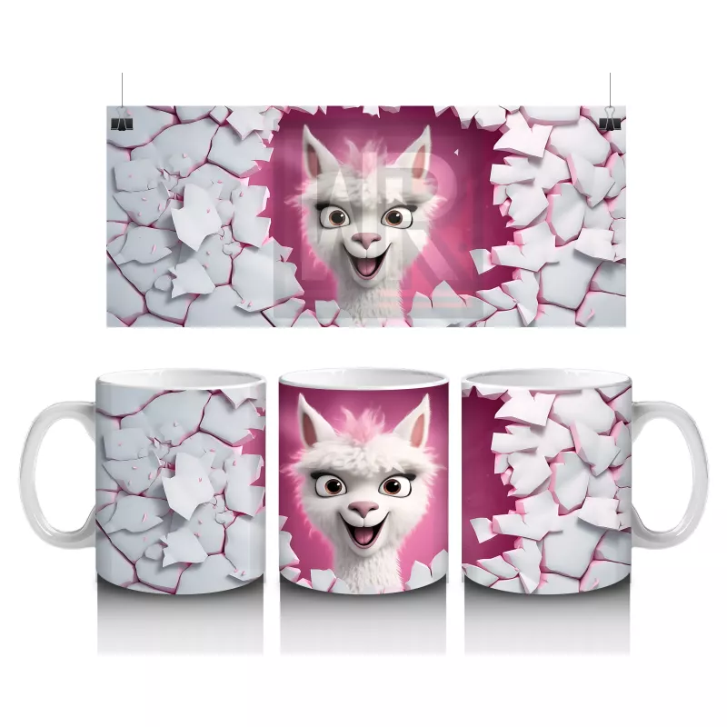 Kırık Seramik Duvar Arasından Bakan Neşeli Lama - Baskılı kahve kupası