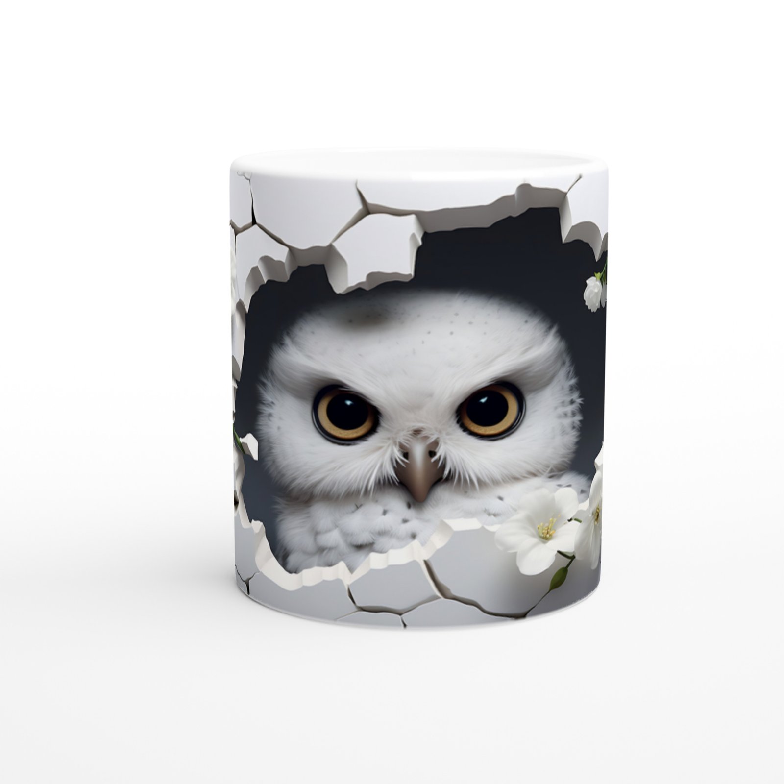 Kırık Seramikten Bakan Beyaz Baykuş Baskılı Kupa Bardak