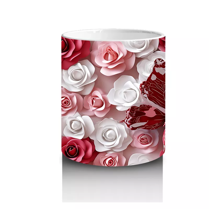 Kırmızı Beyaz Gül Bahçesinde Uçan Kelebek – Baskılı Kahve Kupası - 3