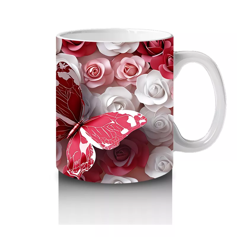Kırmızı Beyaz Gül Bahçesinde Uçan Kelebek – Baskılı Kahve Kupası - 4