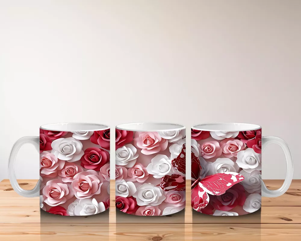 Kırmızı Beyaz Gül Bahçesinde Uçan Kelebek – Baskılı Kahve Kupası - 5