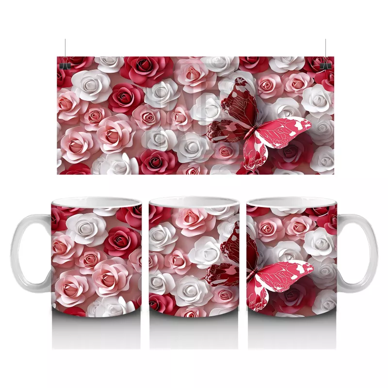 Kırmızı Beyaz Gül Bahçesinde Uçan Kelebek – Baskılı Kahve Kupası