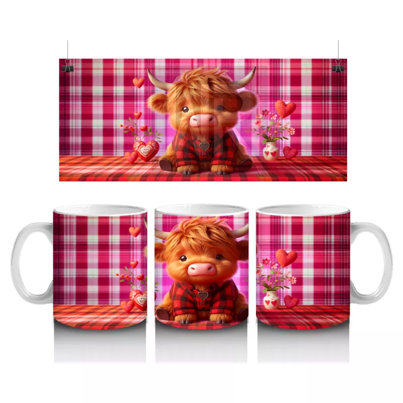 Kırmızı Desenli Arka Planda Romantik Boğa – Baskılı Kahve Kupası