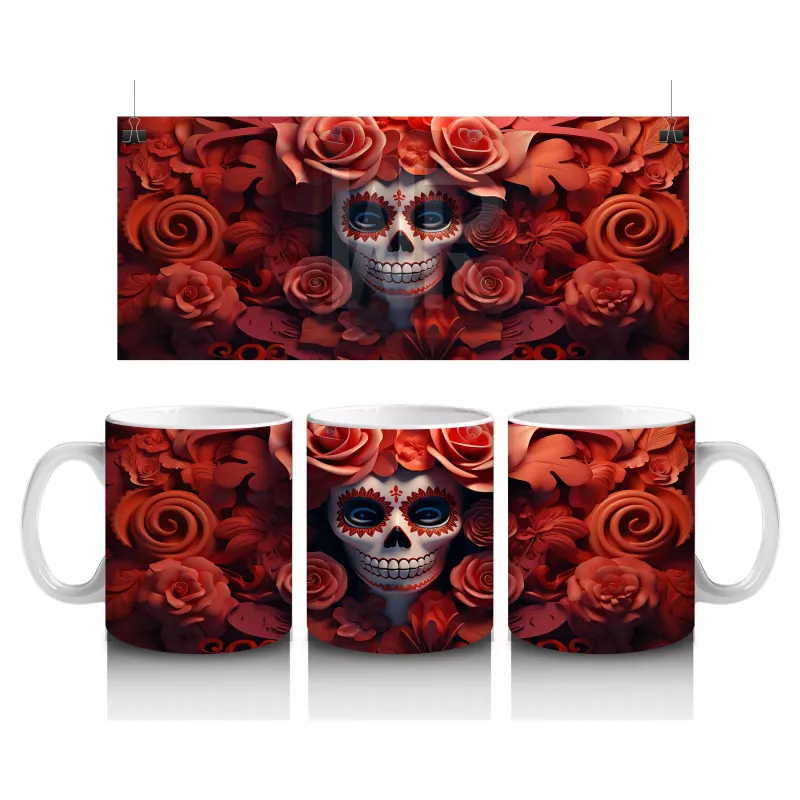 Kırmızı Gül Duvarı Önünde Gotik Kafatası – Hediyelik Kahve Kupası