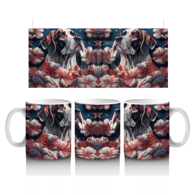 Kırmızı Kalpler ve Desenlerle Bulldog İllüstrasyonu – Baskılı Kahve Kupası