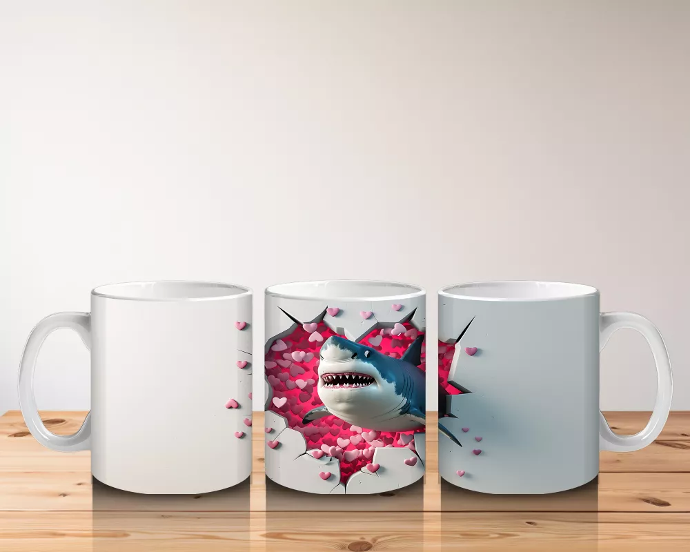 Kırmızı Kalplerle Kaplı Arka Planda Zıplayan Köpekbalığı - Baskılı kahve kupası - 5