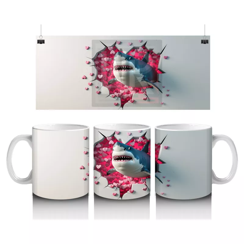 Kırmızı Kalplerle Kaplı Arka Planda Zıplayan Köpekbalığı - Baskılı kahve kupası