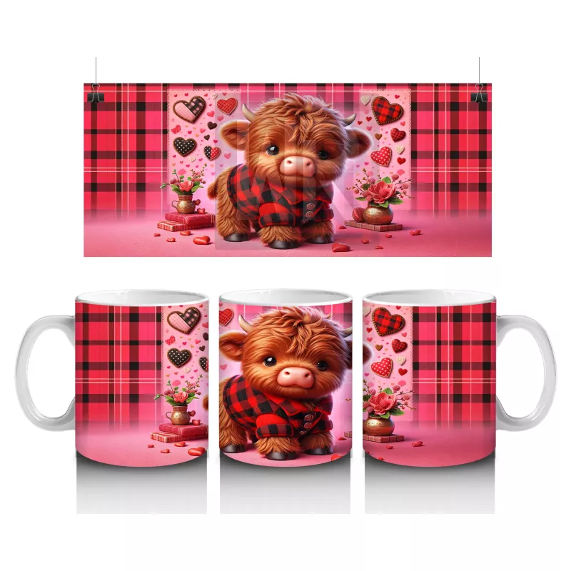 Kırmızı Kalplerle Süslenmiş Tatlı Boğa – Baskılı Kahve Kupası