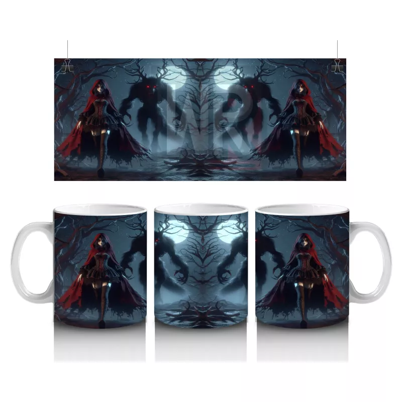 Kırmızı Pelerinli Silüet Figürlü Sisli Gece Temalı Gotik Cadılar Bayramı Baskılı Kupa Bardak