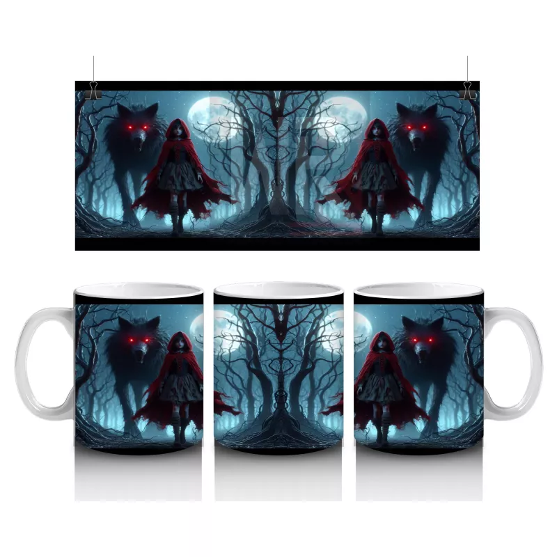 Kırmızı Pelerinli Vampir Figürlü Sisli Gece Temalı Cadılar Bayramı Baskılı Kupa