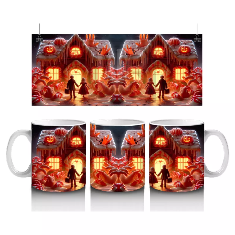 Kırmızı Perili Evler ve Balkabaklarıyla Renkli Cadılar Bayramı Baskılı Kupa Bardak